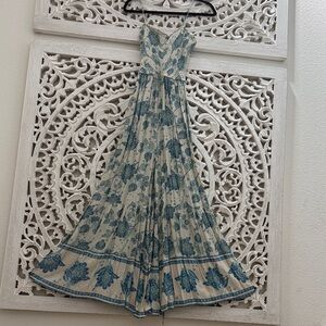 Free People Wide Leg Cream Overalls with Teal Floral Print